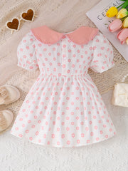 Baby Girls Doll Collar Short Sleeve Dress Floral Print Tunic Dress