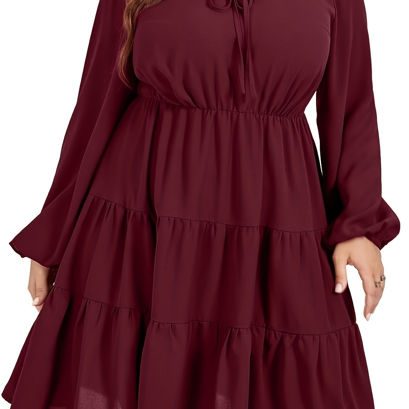 Casual Dress Women's Solid Long Sleeve Round Neck Smock Tie Dress