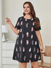 Feather Print Short Sleeve Tee Dress