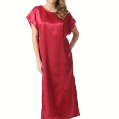 Red Satin Short Sleeve NightDress Crew Neck Pajama Dress Women's Sleepwear