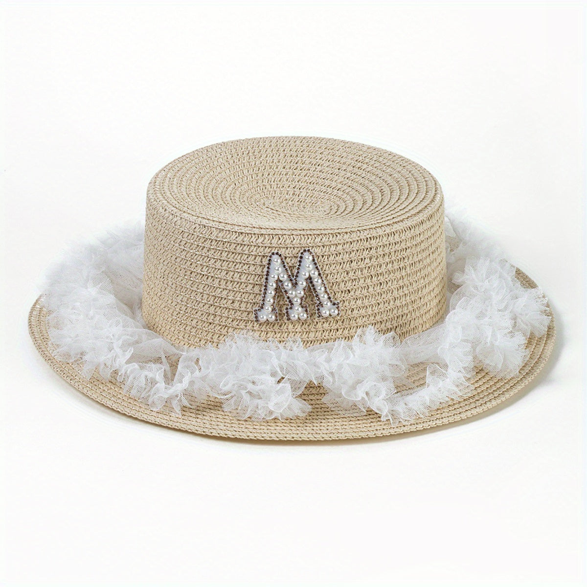 Khaki Lace Sun Hat with Faux Pearl M Detail