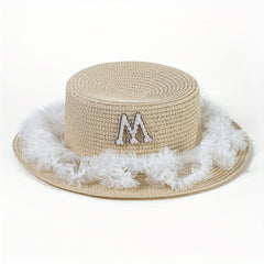 Khaki Lace Sun Hat with Faux Pearl M Detail