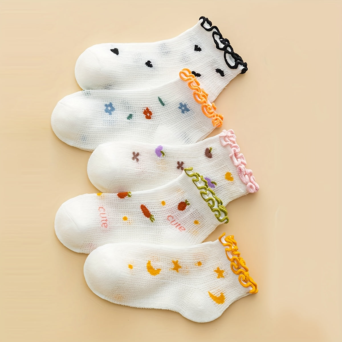5pairs Flower Heart Mesh Lace Crew Socks for Girls