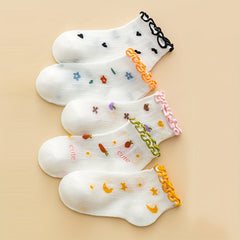 5pairs Flower Heart Mesh Lace Crew Socks for Girls