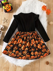 Girls Pumpkin Print Frill Trim Dress For Halloween Party