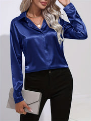 Solid Smoothly Shirt Button Front Turn Down Collar Long Sleeve Shirt
