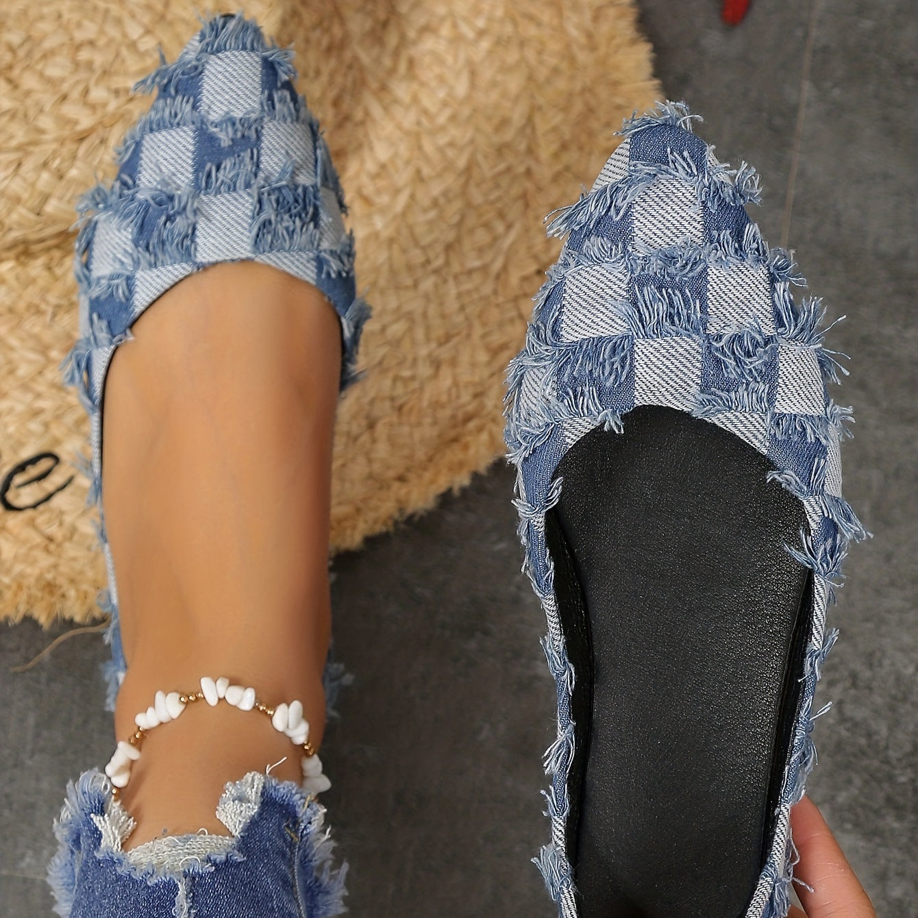 Women's Checkered Denim Ballet Flats Slip On Shoes