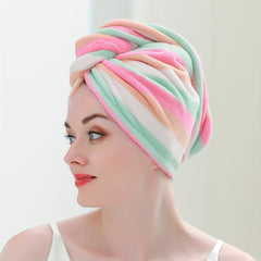 Rainbow Striped Hair Drying Cap Soft Coral Velvet Hair Towel