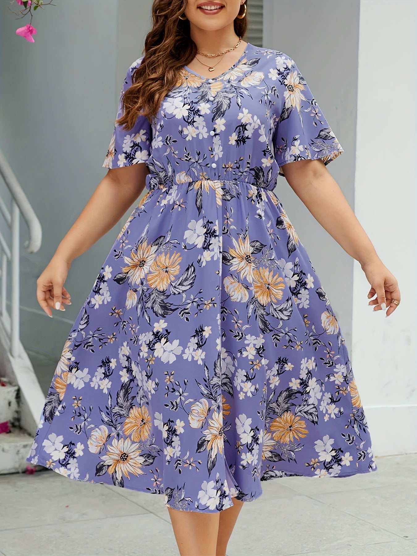 Women's Plus Floral Print Ruffle Sleeve V Neck Button Decor Split Dress
