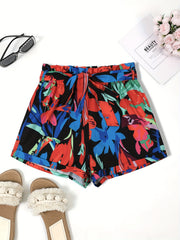 Floral Print Paper Bag Waist Belted Shorts for Women