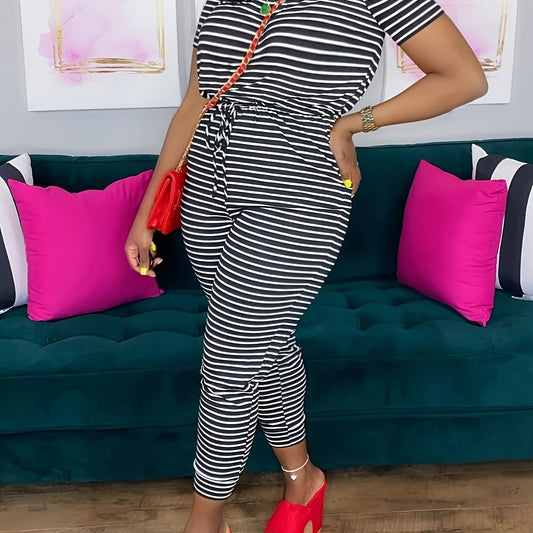 Off Shoulder Striped Print Jumpsuit Women's Plus Medium Stretch Casual