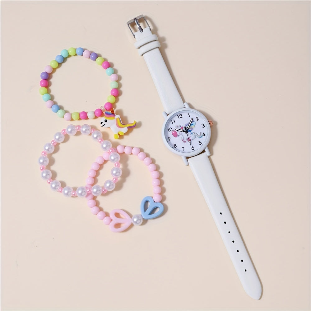 Unicorn Pattern Belt Watch & 3 Bracelets Set