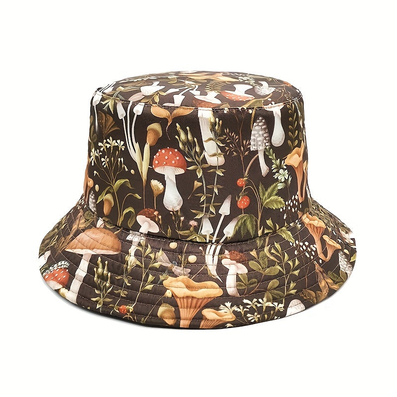 Brown Mushroom Print Bucket Hat Reversible Cartoon Sunscreen Basin Hat