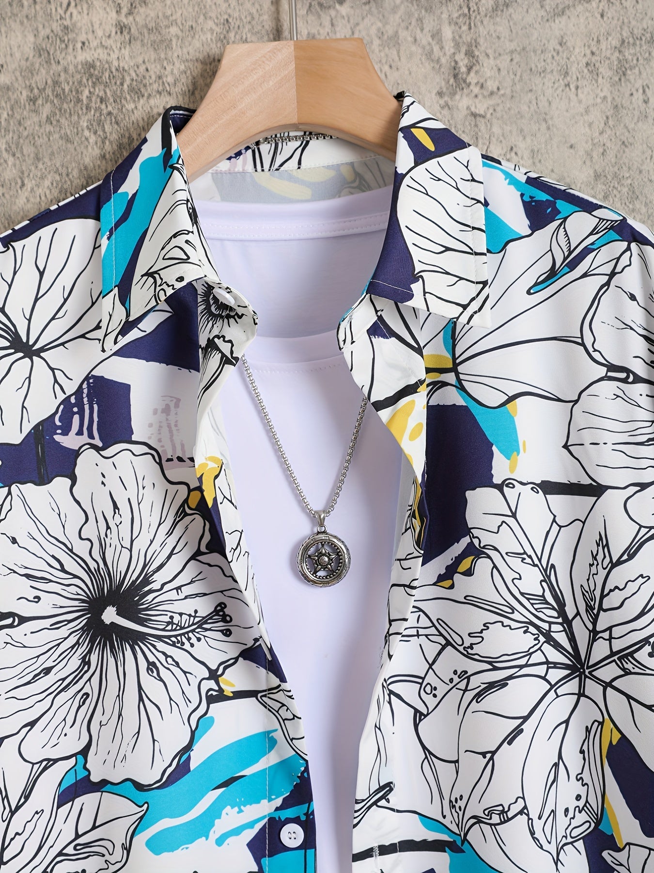 Men's Floral Lapel Shirt Casual Button Up Short Sleeve Loose Shirt