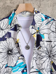 Men's Floral Lapel Shirt Casual Button Up Short Sleeve Loose Shirt