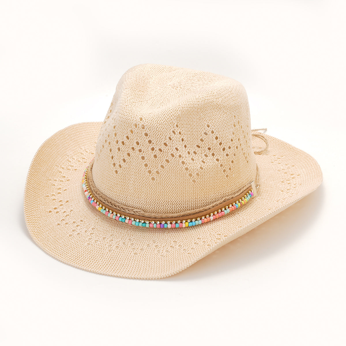 Hollow Crochet Straw Sun Hat Western Style Cowboy Hat Beads Band Decor