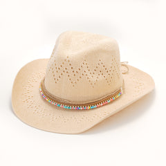 Hollow Crochet Straw Sun Hat Western Style Cowboy Hat Beads Band Decor