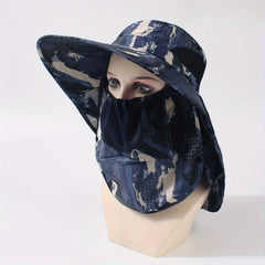 Camouflage Casual Bucket Hat With Mask Neck Flap Wide Brim UV Protection Sun Hat