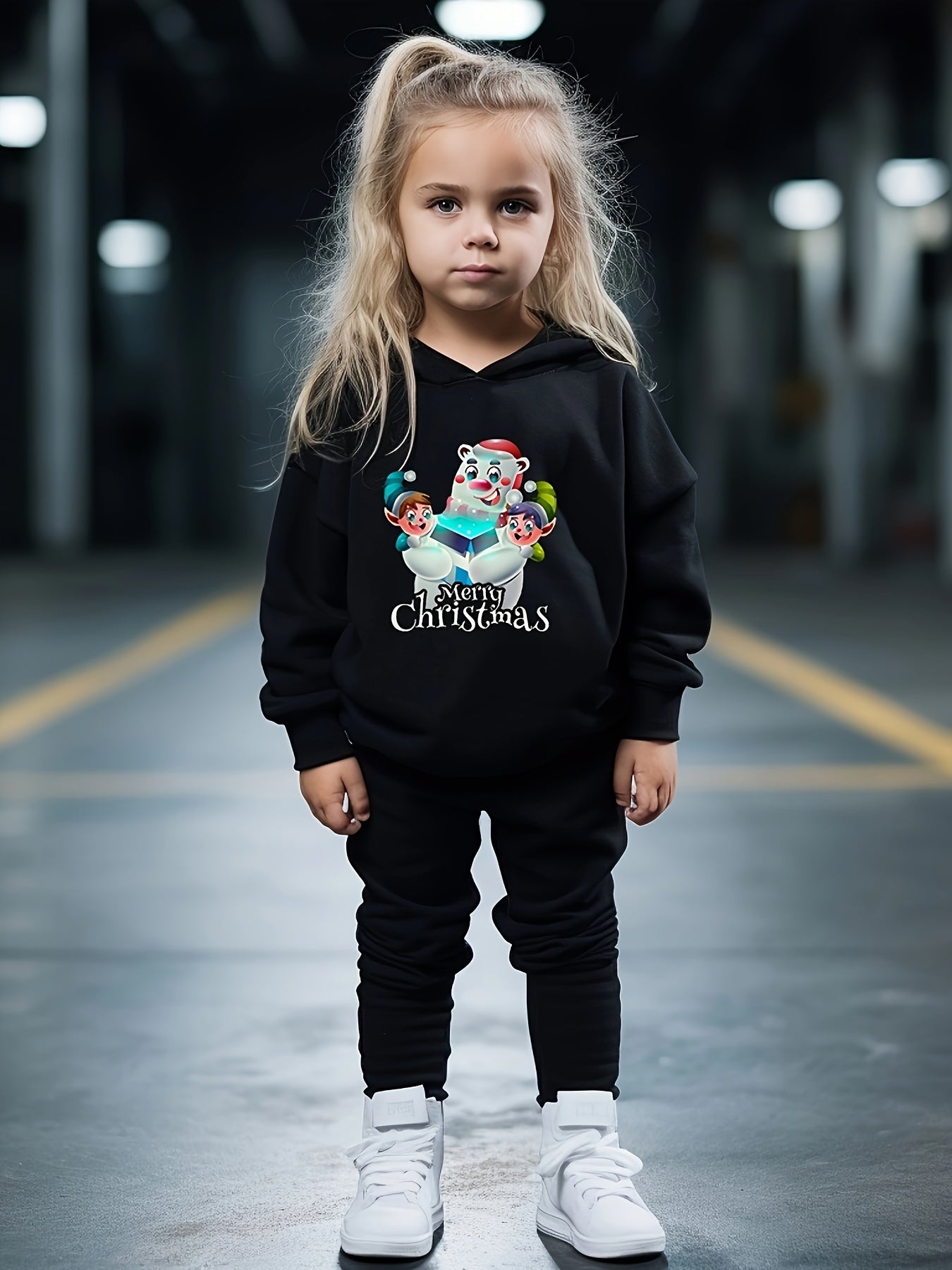 Girls 2pc Cartoon Bear & Elfins Hooded Sweatshirt & Sweatpants Set