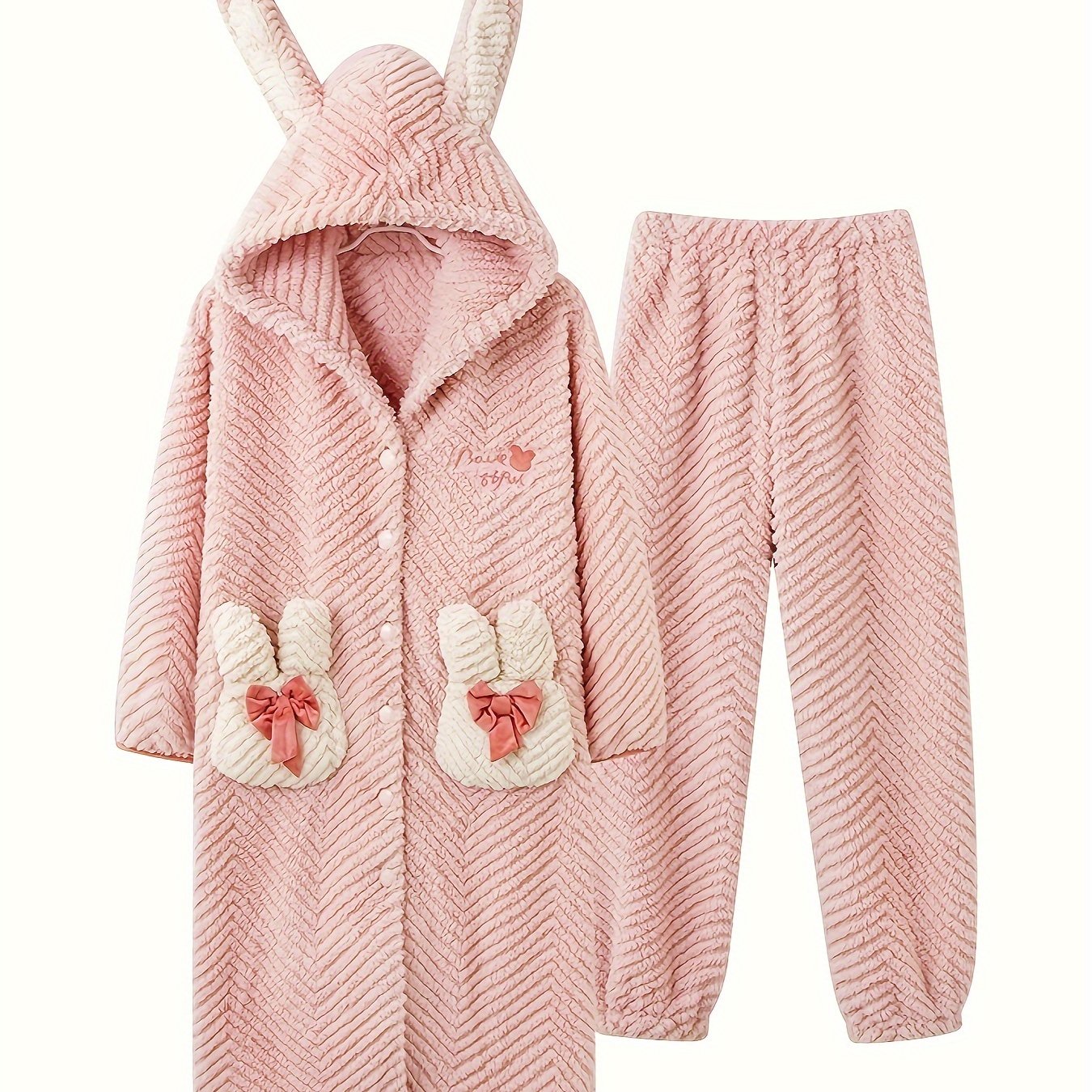 Cat Fuzzy Pajama Set Long Sleeve Hooded Robe & Pants Women's Sleepwear