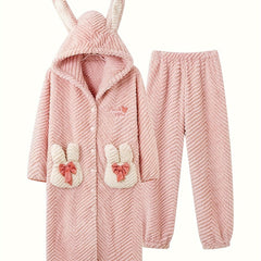 Cat Fuzzy Pajama Set Long Sleeve Hooded Robe & Pants Women's Sleepwear