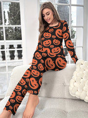 Pumpkin Print Halloween Pajama Set Long Sleeve Crew Neck Top & Elastic Waistband
