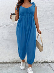 Plus Size Tie Shoulder Solid Jumpsuit Round Neck Tapered Leg