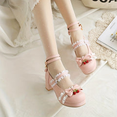 Women's Bowknot Chunky Heels Sweet Strawberry Buckle Strap Shoes