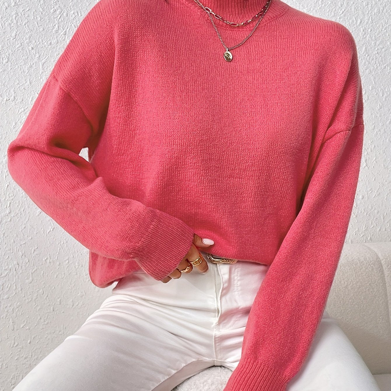Casual Sweater Women's Plus Solid Long Sleeve High Neck Jumper