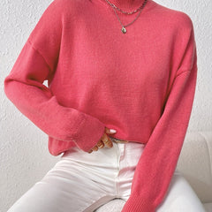 Casual Sweater Women's Plus Solid Long Sleeve High Neck Jumper