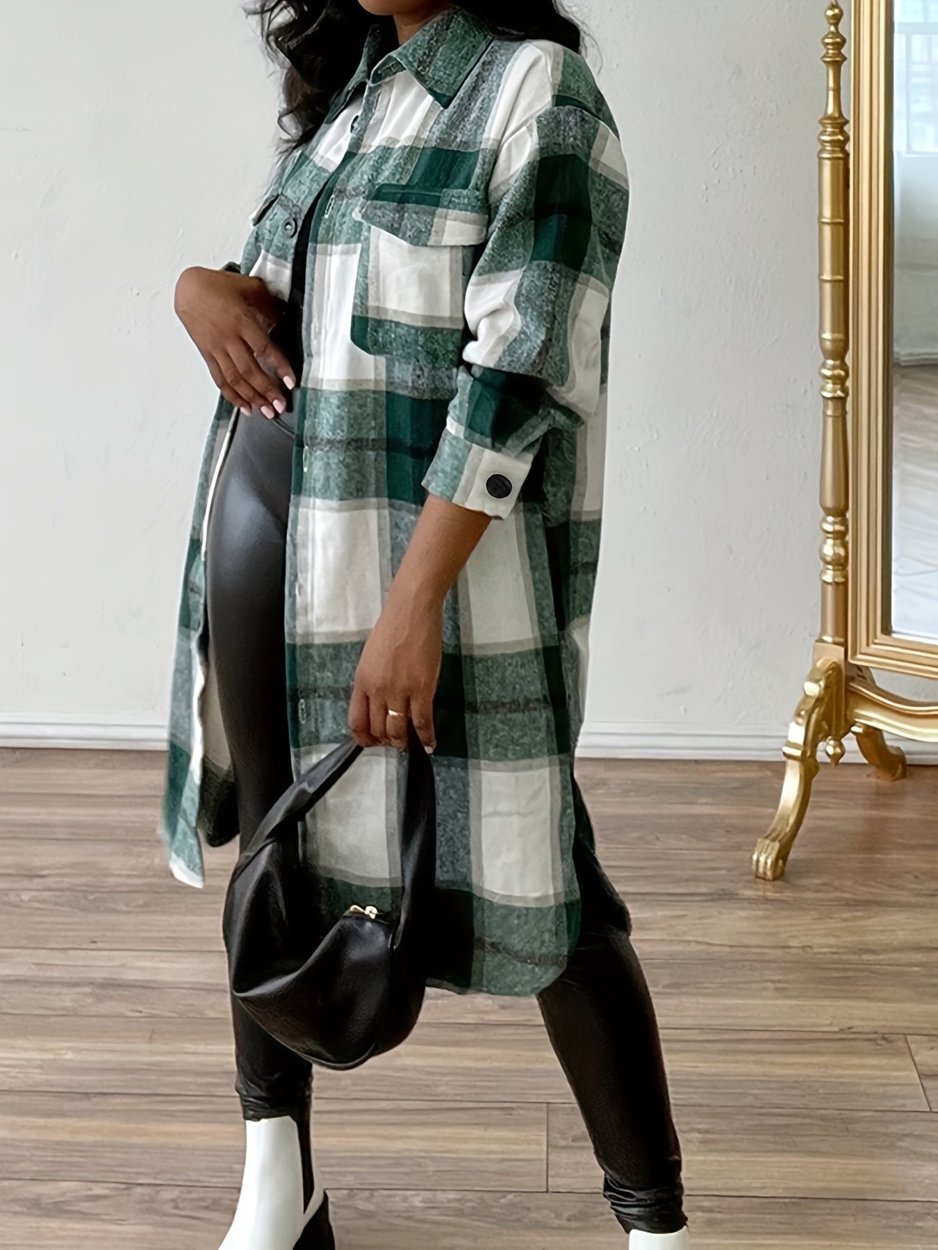Plaid Drop Shoulder Jacket Casual Flap Pockets Long Jacket
