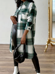 Plaid Drop Shoulder Jacket Casual Flap Pockets Long Jacket