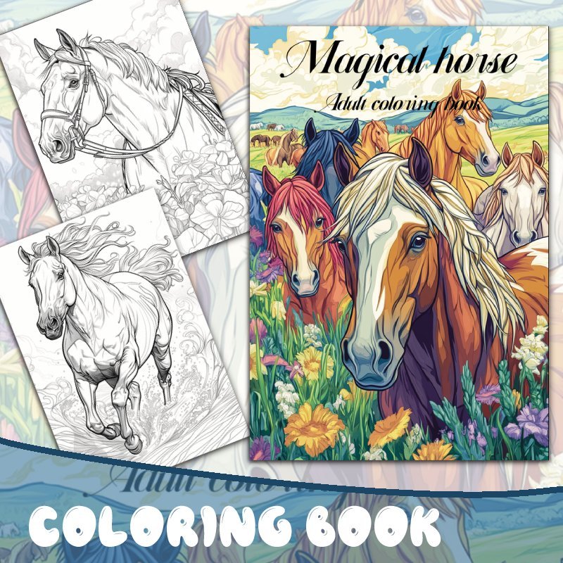 Magical Horse Adult Coloring Book DIY Art Therapy Drawing & Painting Kit
