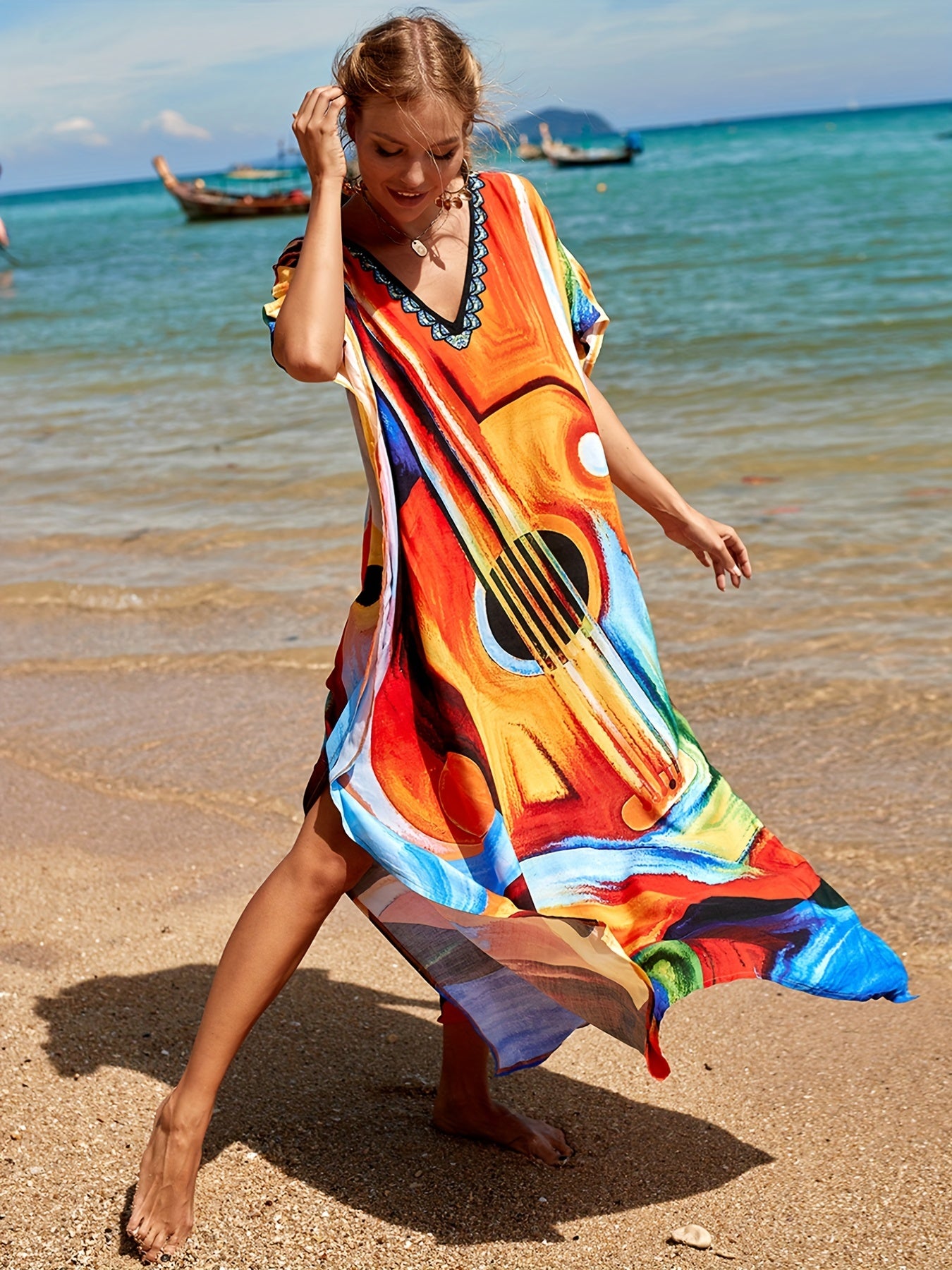 Boho Cover Up Women's Plus Abstract Guitar Print V Neck Side Split Cov