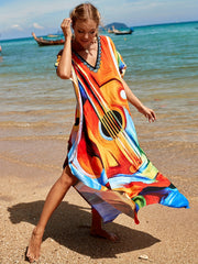 Boho Cover Up Women's Plus Abstract Guitar Print V Neck Side Split Cov