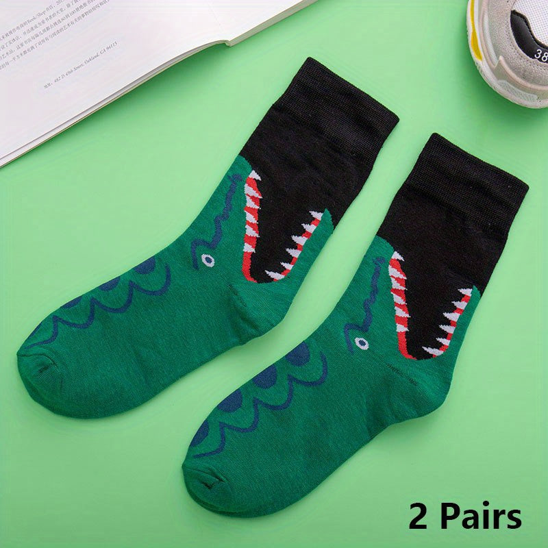 2 Pairs Shark & Crocodile Print Crew Socks Funny Cartoon Women's Stockings