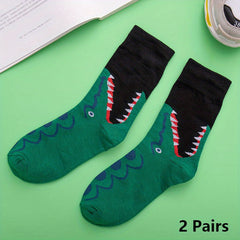 2 Pairs Shark & Crocodile Print Crew Socks Funny Cartoon Women's Stockings