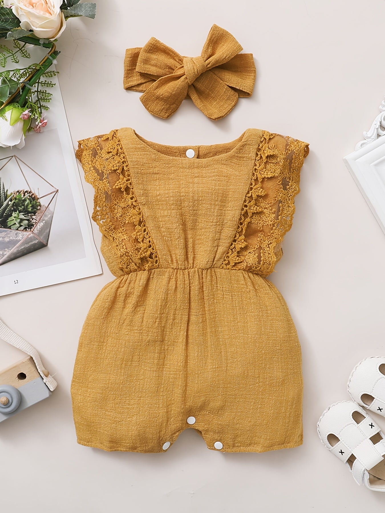 2pcs Baby Girls Lace Sleeveless Romper & Headband Set