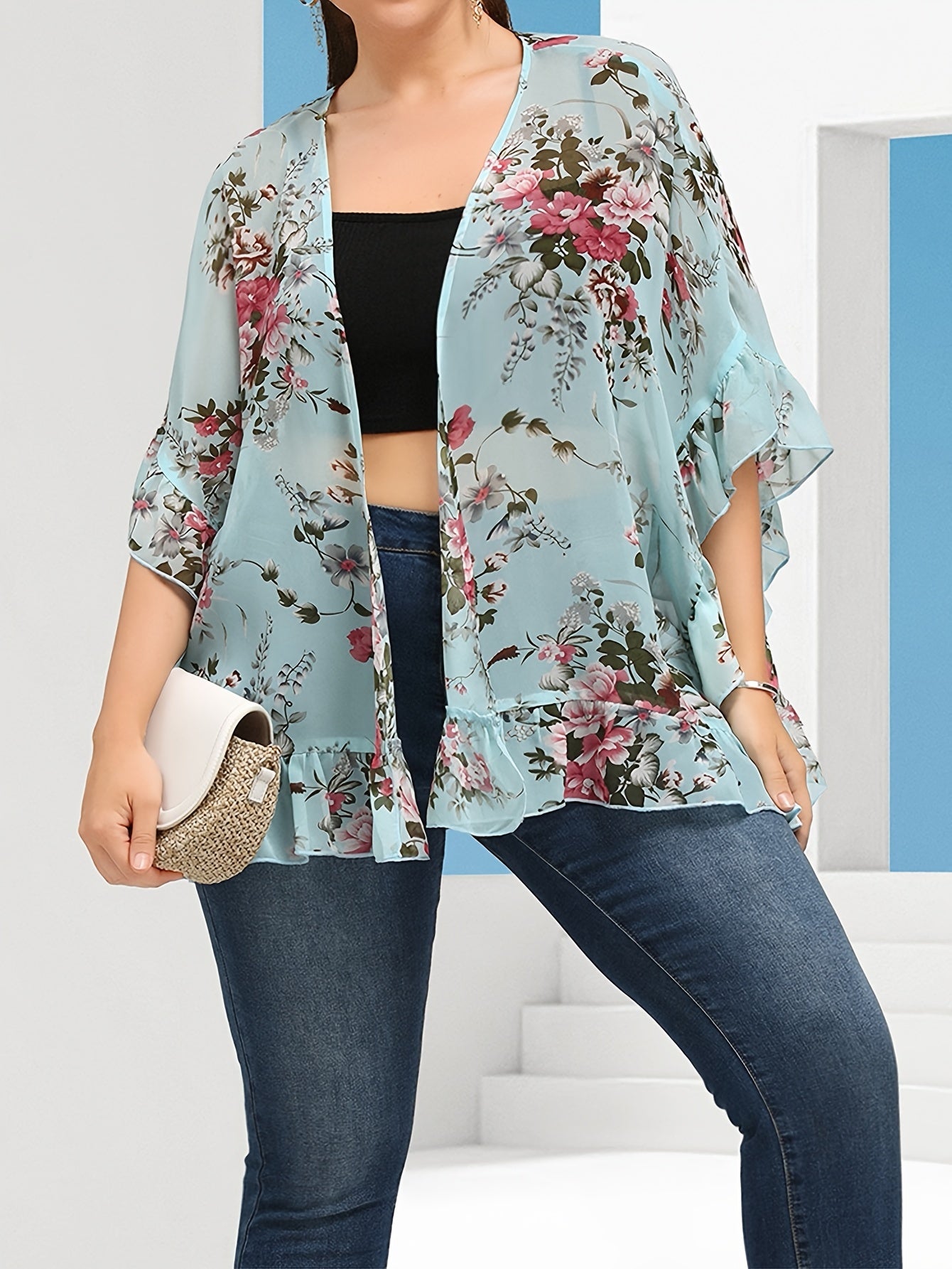 Floral Print Plus Size Kimono Beach Cover Up