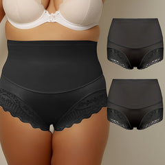 2 Pack Plus Size Panties Set Women's Plus Contrast Lace High Rise Tummy Control