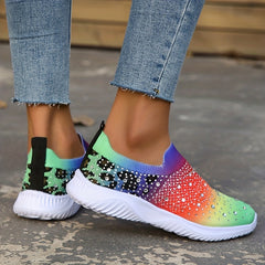 Women's Rainbow Knitted Sneakers Comfy Rhinestone Slip On Sports Shoes