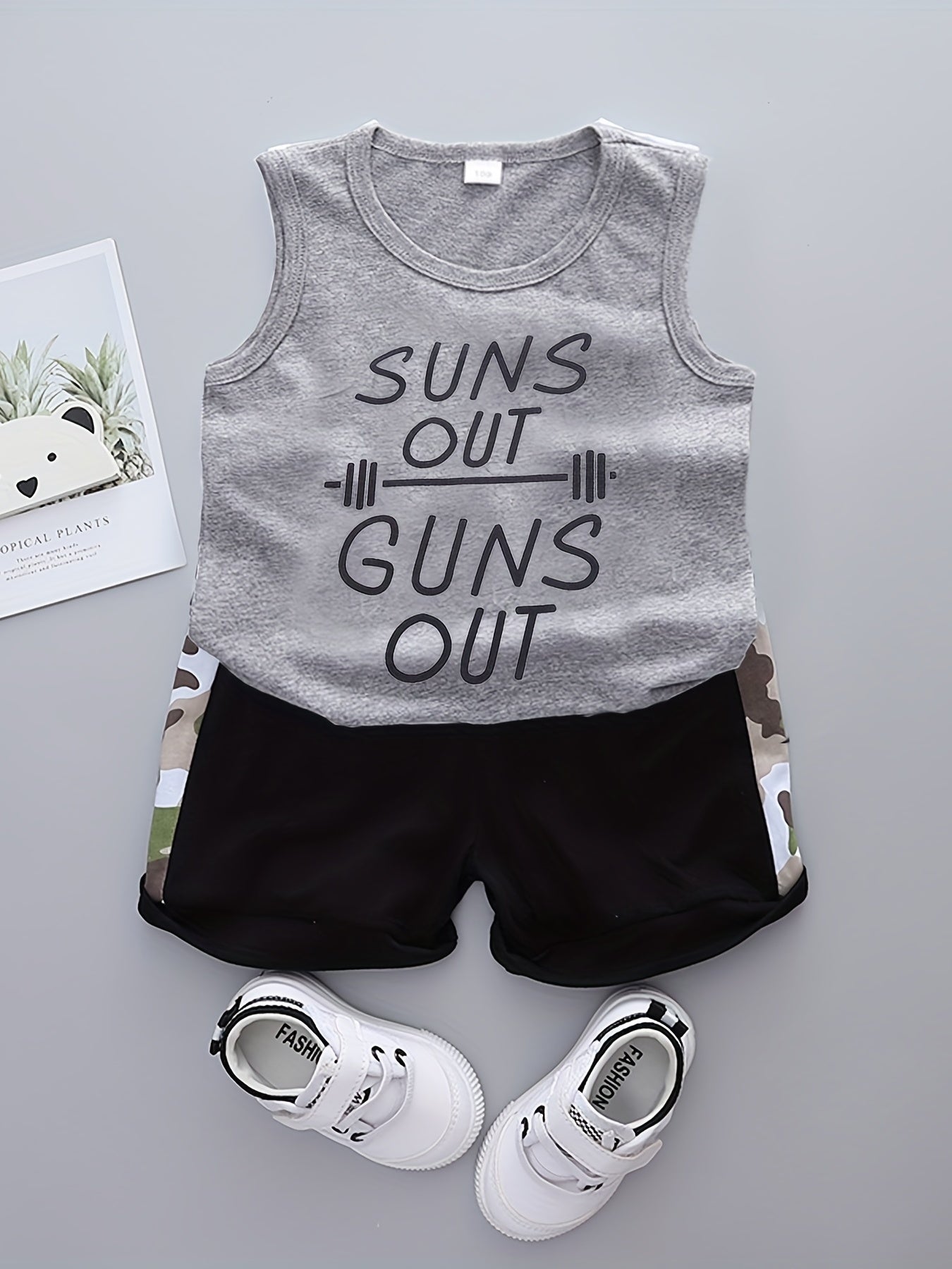 2pcs Boys SUNS OUT Print Tank Top & Camo Shorts Set Kids Summer Clothes