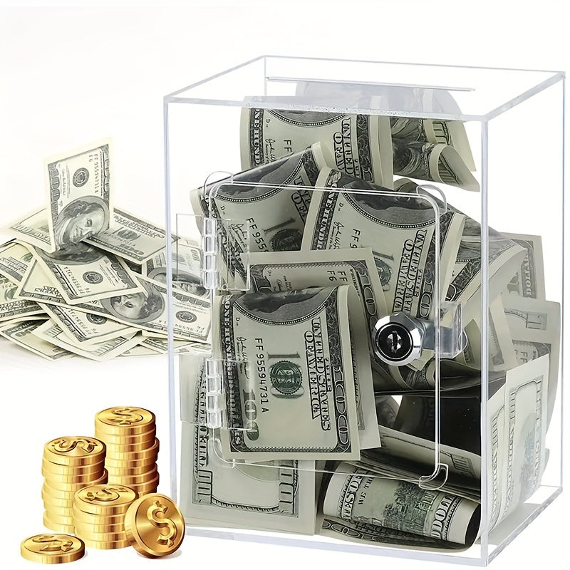 Clear Acrylic Square Piggy Bank with Lock and Door