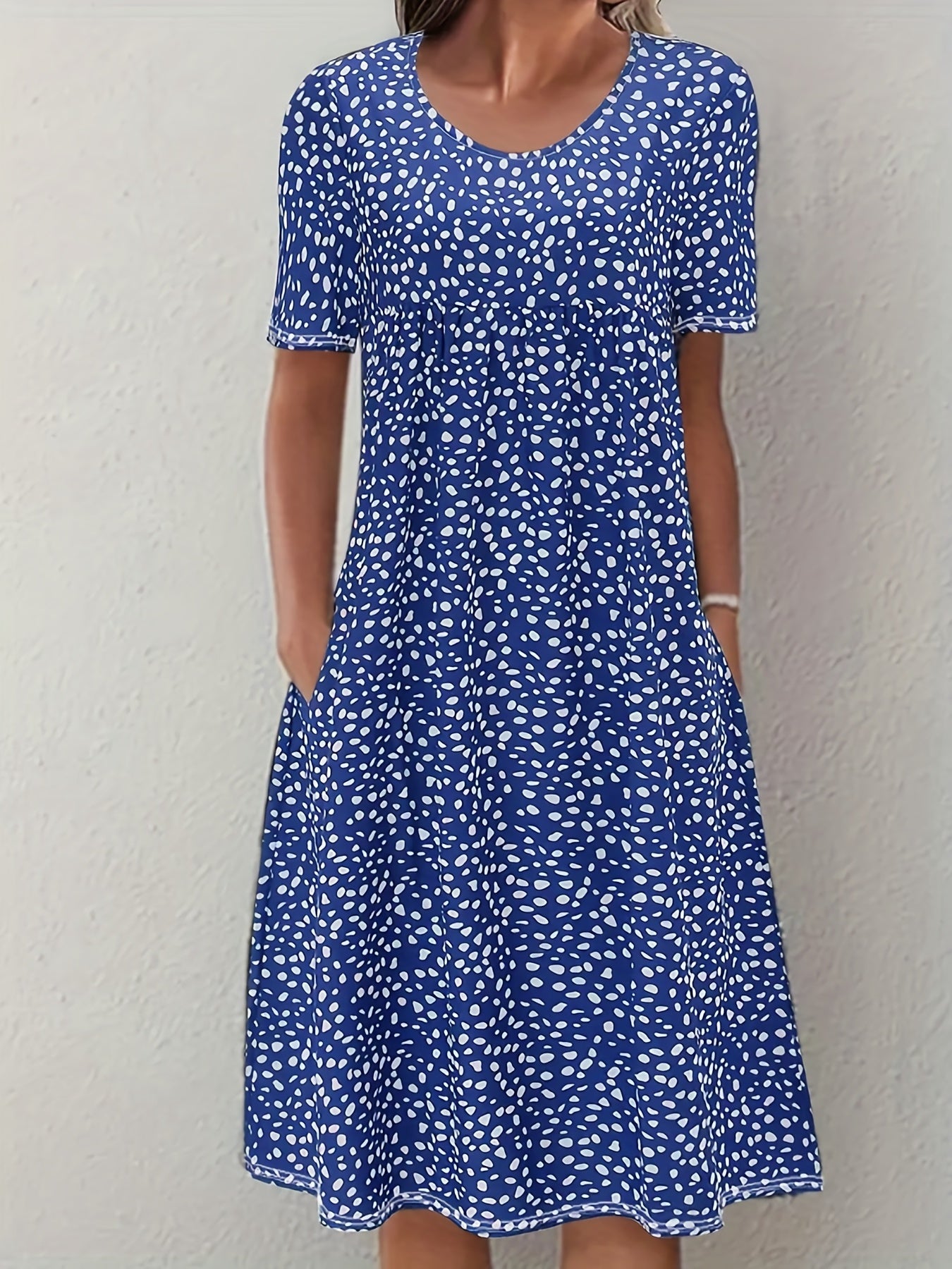 Boho Floral Print Dual Pockets Dress Short Sleeve Women's