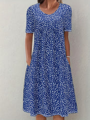 Boho Floral Print Dual Pockets Dress Short Sleeve Women's