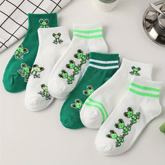 6 Pairs Cartoon Frog Print Socks Women's Short Stockings
