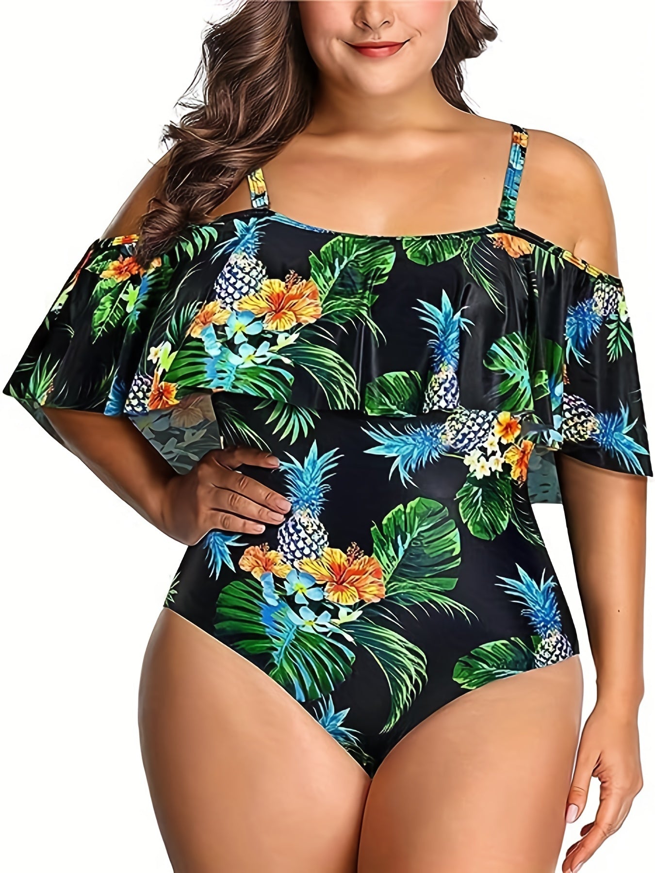 Tropical Print Cold Shoulder Ruffle Trim One Piece Bathing Suit