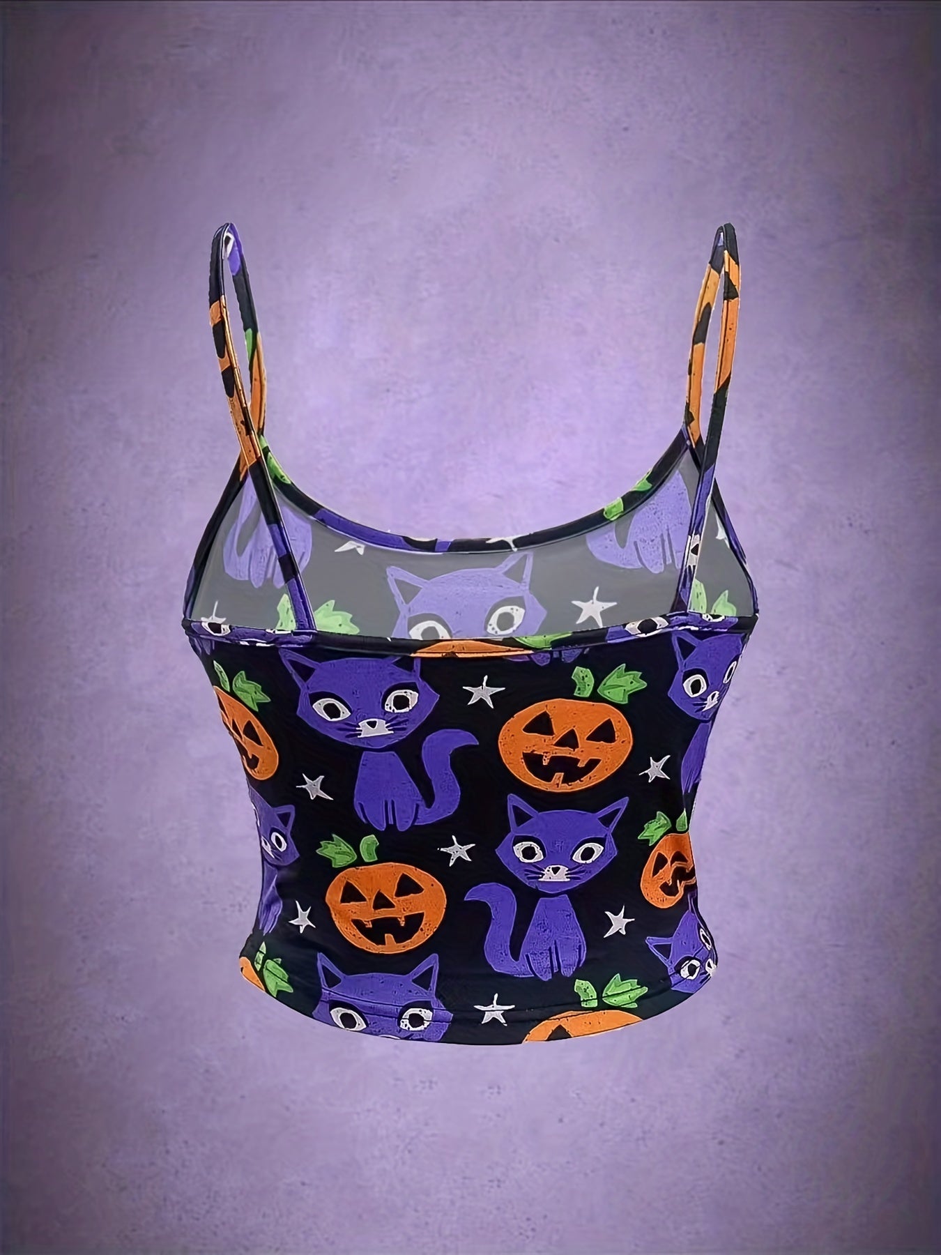 Cute Cat & Pumpkin Print Spaghetti Strap Top for Summer