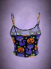 Cute Cat & Pumpkin Print Spaghetti Strap Top for Summer