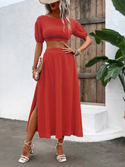 Solid Two Piece Set Crop Top & Split Skirt Outfit